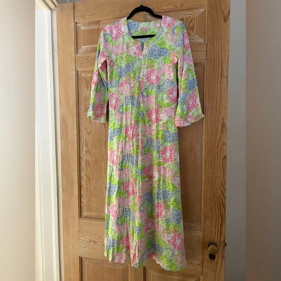 Lilly Pulitzer 100% Cotton Pink & Green Floral Maxi Dress size M - Picture 2 of 8